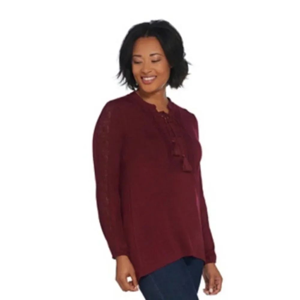 New Denim & Co Lace-Up V-Neck Long Sleeve Top | Size M